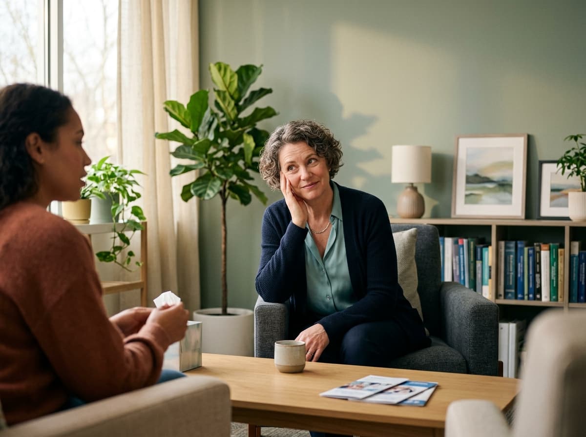Compassionate doctor in calm modern clinical consultation room listening attentively to patient