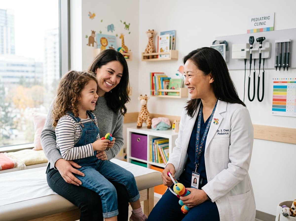 Friendly pediatrician consulting with mother and smiling young child in modern pediatric clinic