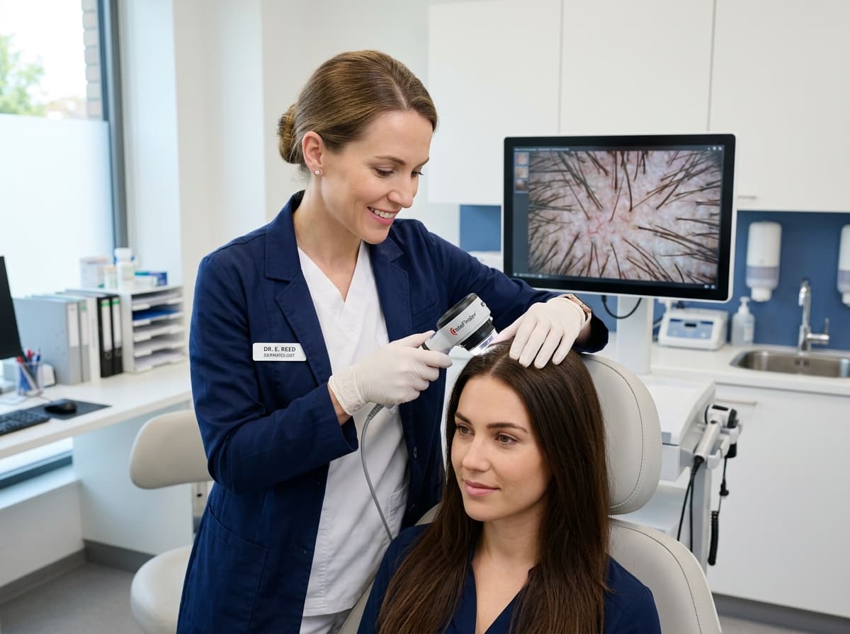 Dermatologist conducting advanced scalp and hair follicle examination with trichoscope
