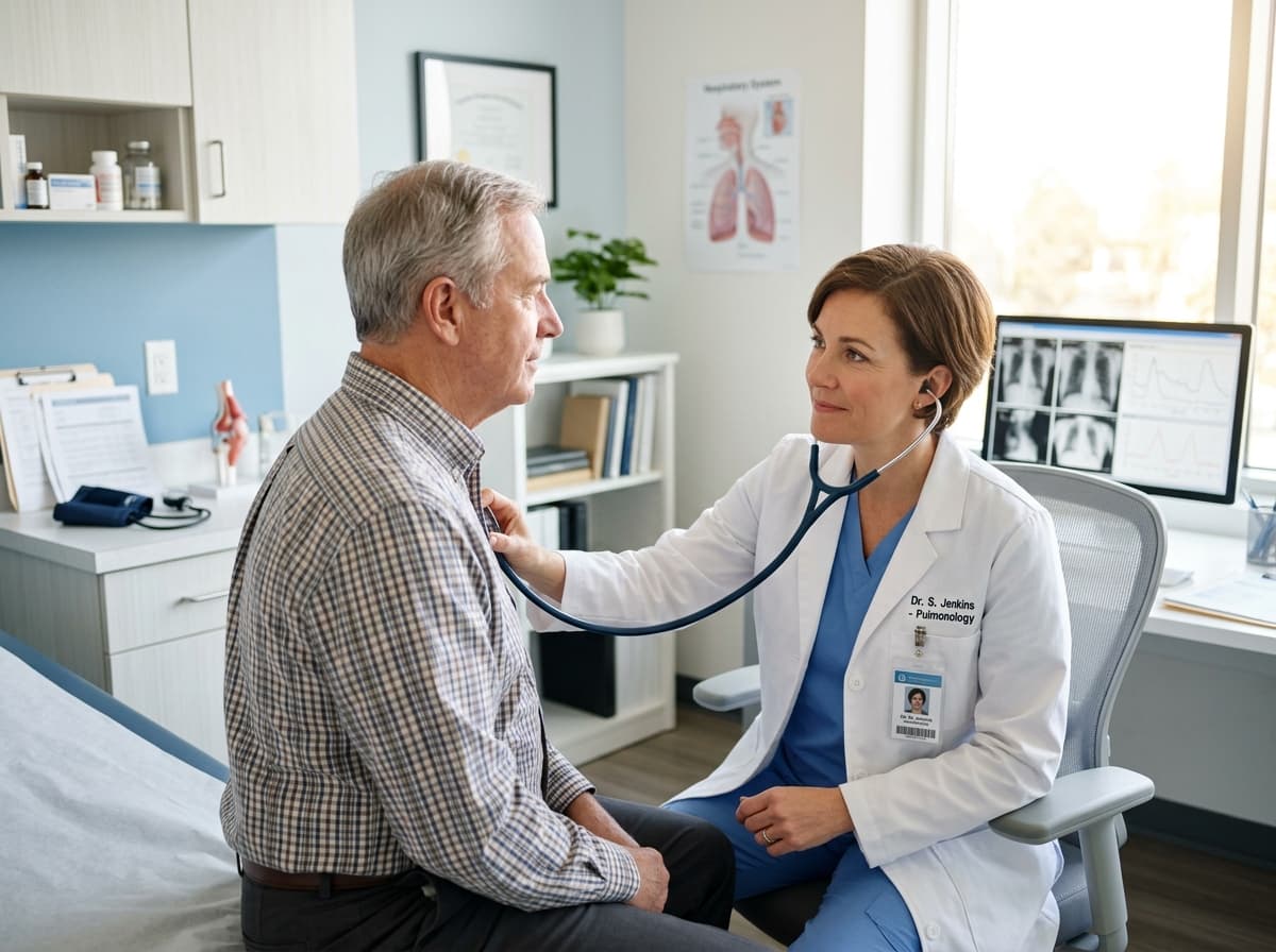 Pulmonologist doctor listening to patient's chest with stethoscope in modern clinic