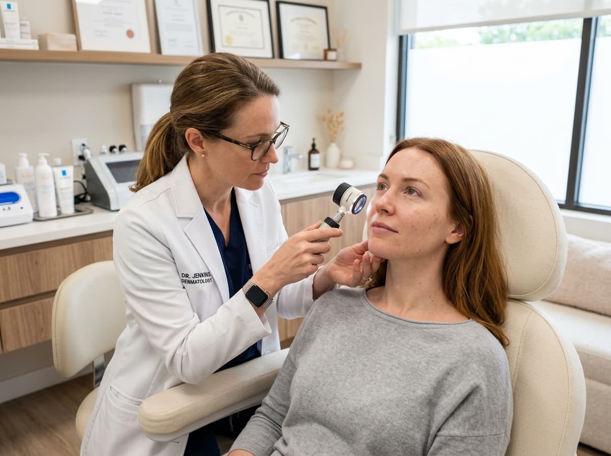 Dermatologist examining patient's skin health with precision diagnostic light